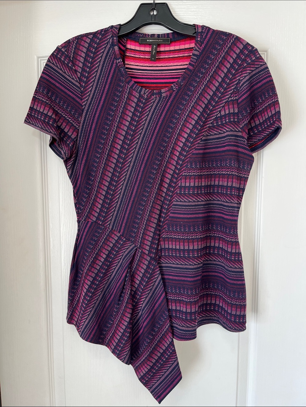 BCBGMaxAzria Pink and Purple Geometric Asymmetrical Short Sleeve peplum top, M